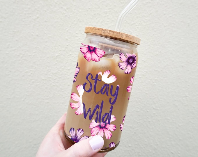 Stay Wild, Floral 16oz Libby Beer Can Glass with Bamboo Lid & Straw, gifts for her, gifts for mom, iced coffee cup, soda glass,