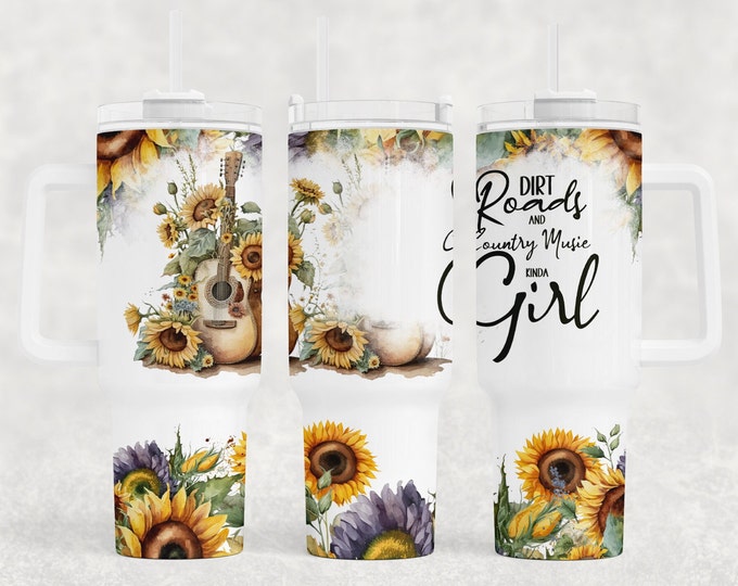 Dirt Roads, Country Music Kinda Girl 40oz Tumbler with choice of handle/lid color!