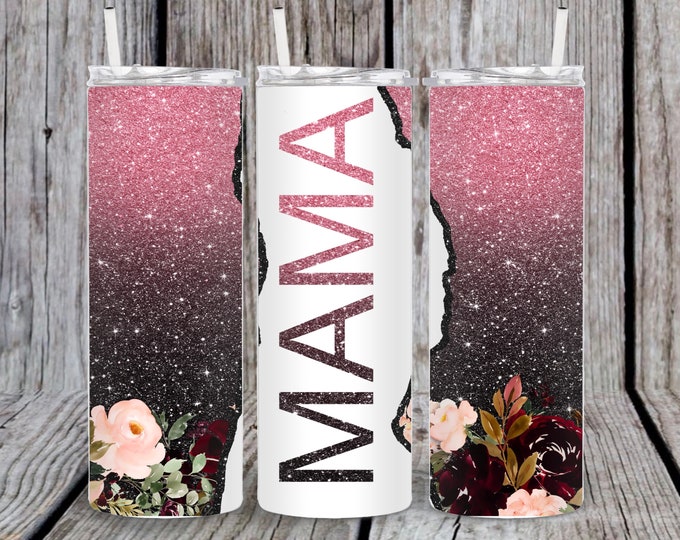 Mama and Blue Floral Print 20oz/30oz Stainless Steel Tumbler or Sports Bottle