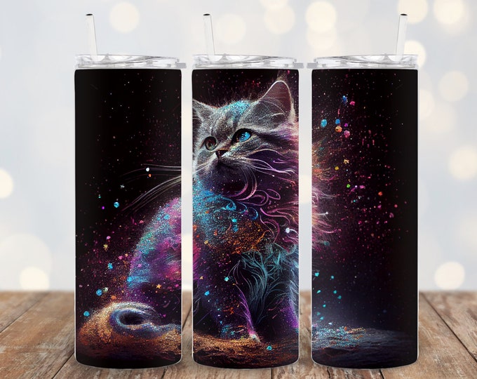 Glittery Cat 20oz/30oz Stainless Steel Tumbler or Sports Bottle, Cat Gifts, cat cup, cat custom gifts, kitten gifts