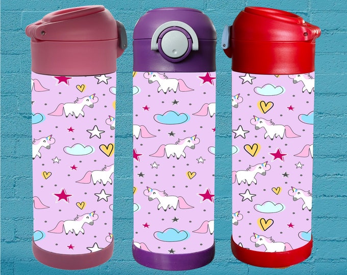 Unicorn Pattern 12oz Flip Top Insulated Kids Bottle. Perfect for School, Camp, & Activities