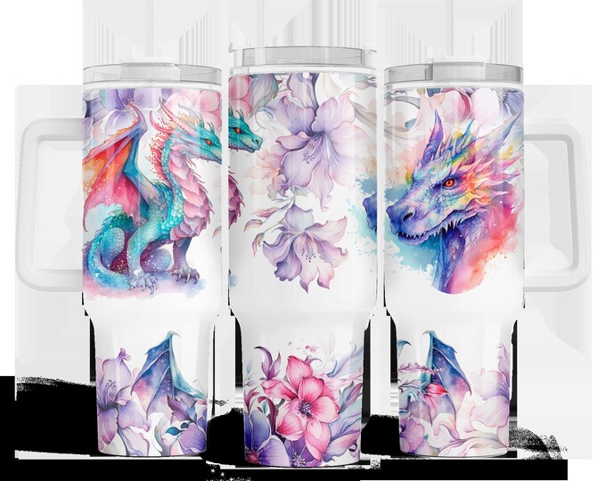 Dragon & Flowers 40oz Tumbler with choice of handle/lid color! Dragon Cup, Dragon Tumbler, fantasy characters, gifts