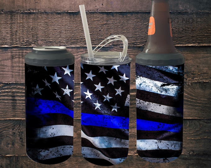 4 in 1 Can Cooler Blue Line Flag 16oz Tumbler, Support Police, Patriotic gift, police gift, can holder, bottle holder, skinny can