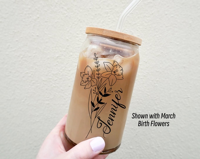 Birthday Flower with Name 16oz Libby Beer Can Glass with Bamboo Lid & Straw, gifts for her, gifts for mom, iced coffee cup, soda glass