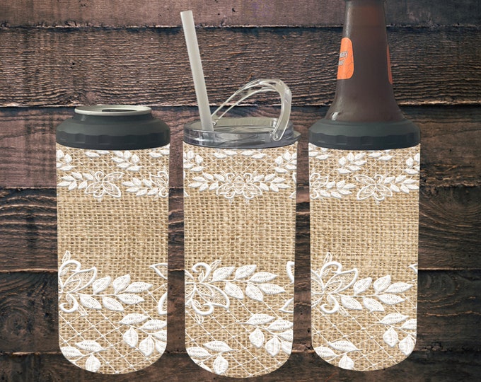 4 in 1 Can Cooler Burlap and White Lace 16oz Tumbler