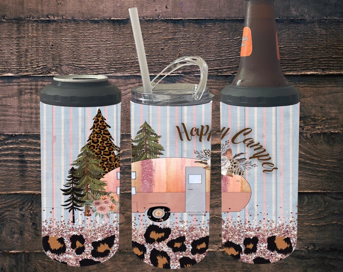 4 in 1 Can Cooler Happy Camper Rose Gold and Leopard print 16oz Tumbler