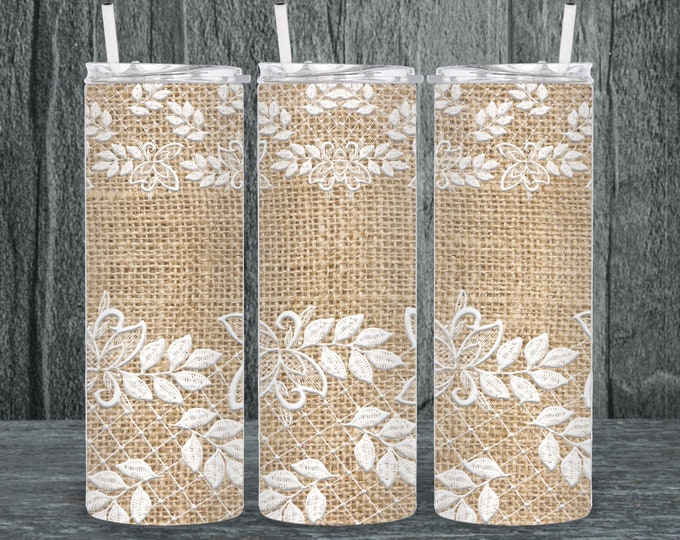 Burlap and White Lace 20oz/30oz Stainless Steel Tumbler or Sports Bottle