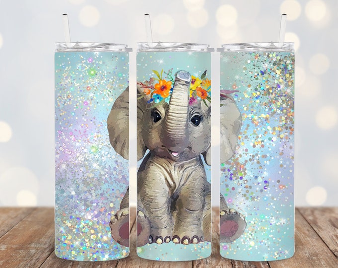 Elephant with flowers 20o or 30oz Stainless Steel Tumbler or Sports Bottle, elephant tumbler cup, elephant gift,