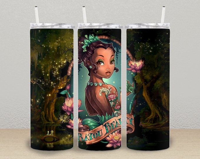 Tattooed Princess Tiana 20oz/30oz Stainless Steel Tumbler or Sports Bottle, Princess & the Frog gift, Tiana tumbler, bayou beauty