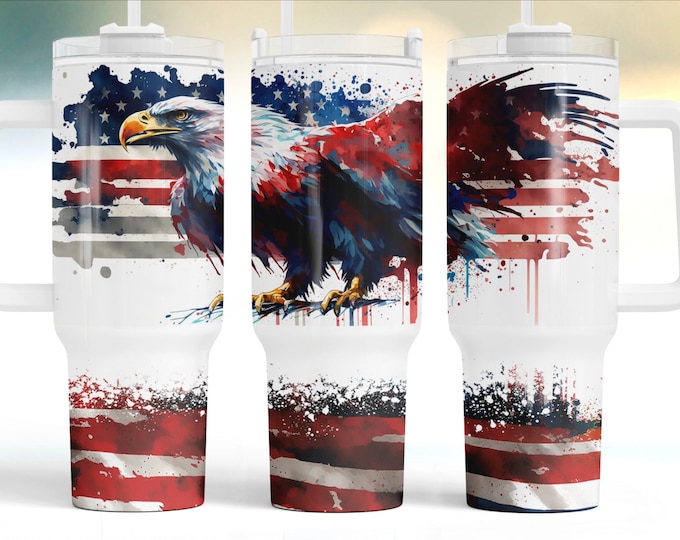 American Flag & Bald Eagle 40oz Tumbler with choice of handle/lid color!