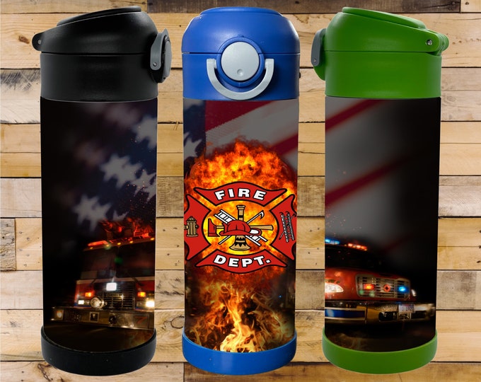 Fire Department / Firefighter / Fire Trucks 12oz Flip Top Insulated Kids Bottle. Perfect for School, Camp, & Activities
