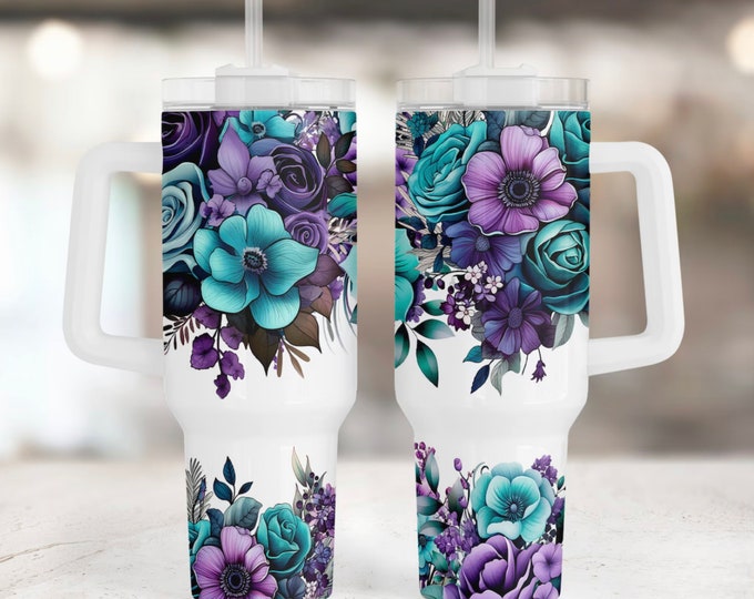 Purple & Teal 40oz Tumbler, Pretty Floral Tumbler, Floral Tumbler, Stanley Tumbler, mom gift, gifts for her