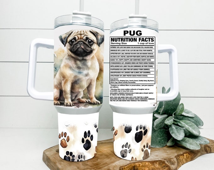 Pug and Paw Prints 40oz Tumbler with choice of handle/lid color!
