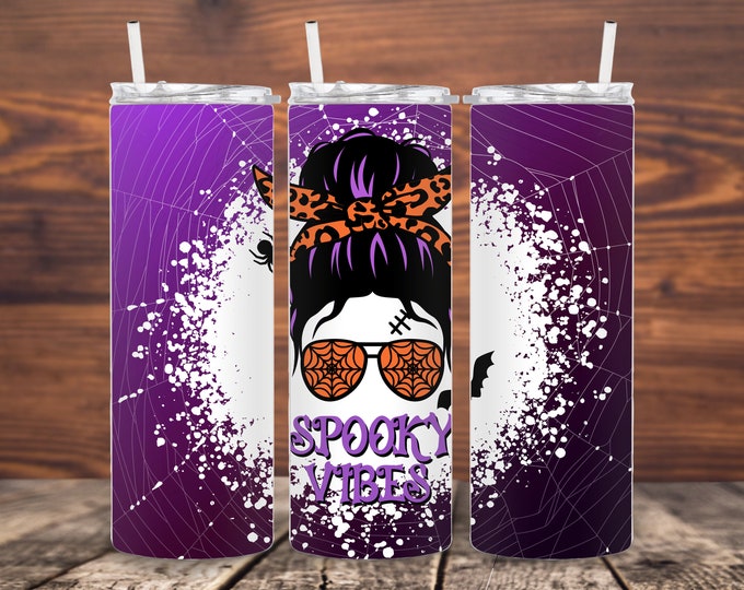 Messy Bun Spooky Vibes Halloween 20oz/30oz Stainless Steel Tumbler or Sports Bottle