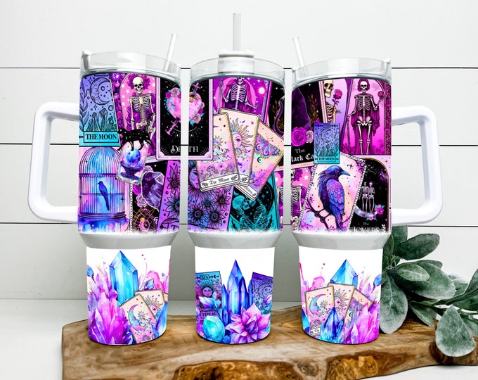 Tarot Card and Crystals 40oz Tumbler with choice of handle/lid color! Tarot card cup, tarot tumbler, tarot reading