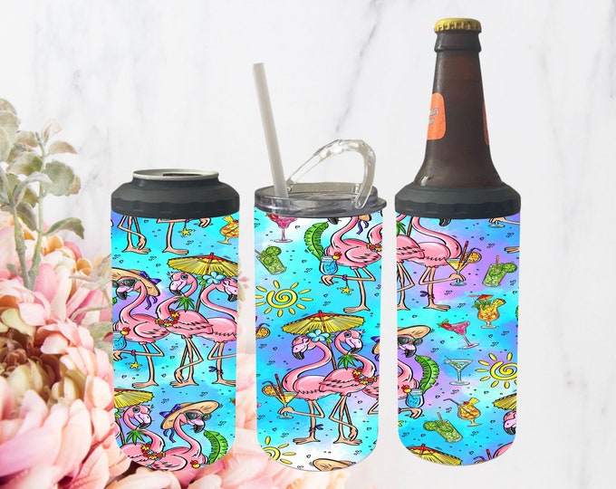 4 in 1 Can Cooler Fabulous Flamingos drinking cocktails 16oz Tumbler