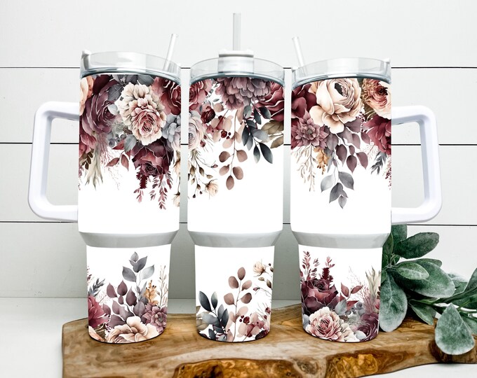 Burgundy Floral 40oz Tumbler, Pretty Floral Tumbler, Floral Tumbler, Stanley Tumbler, mom gift, gifts for her