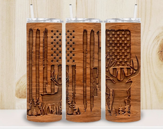 Deer & American Flag with wood look background 20oz/30oz Stainless Steel Tumbler or Sports Bottle