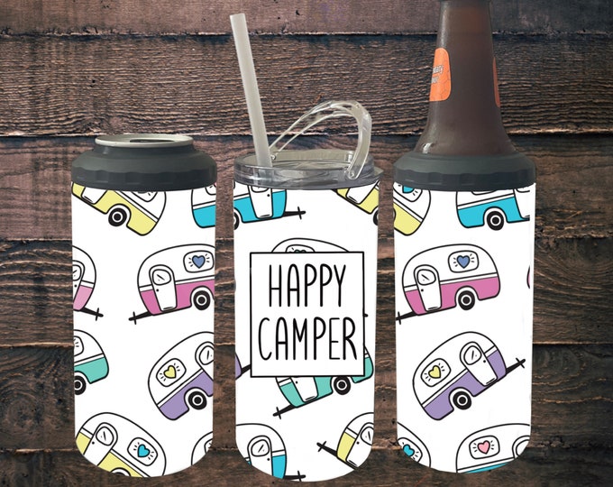 4 in 1 Can Cooler Happy Camper 16oz Tumbler, Retro Camper, Camping gifts, can koozie