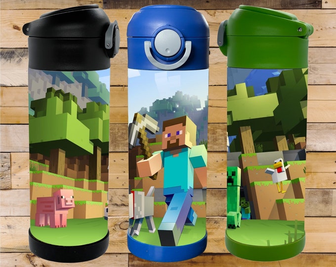Minecraft Steve Video Game Character 12oz Flip Top Insulated Kids Bottle. Perfect for School, Camp, & Activities