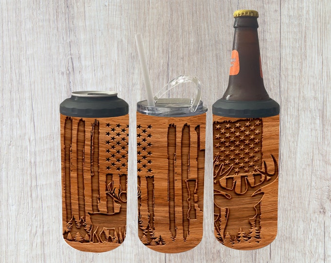 4 in 1 Can Cooler Deer & American Flag with wood look background Tumbler