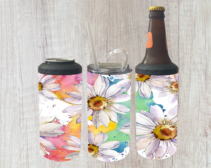 4 in 1 Can Cooler Watercolor Daisy, 16oz Tumbler, gifts for her, gifts for mom, can holder, skinny can holder, bottle holder