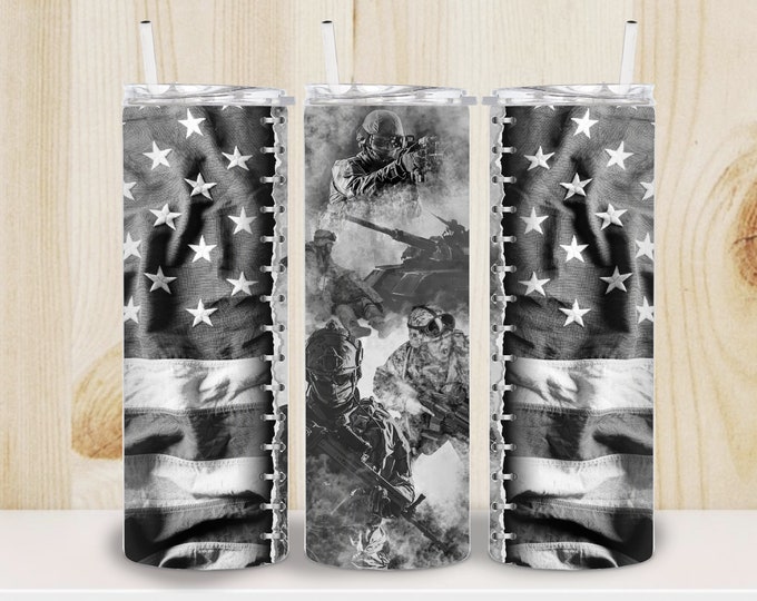 Soldiers and American Flag Black & White 20oz/30oz Stainless Steel Tumbler or Sports Bottle