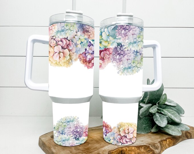 Hydrangea Flowers 40oz Tumbler with choice of handle/lid color!