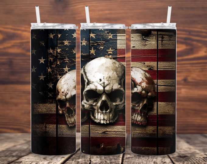 Skulls and American Flag 20oz/30oz Stainless Steel Tumbler or Sports Bottle