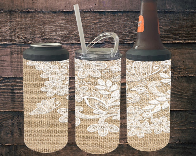 4 in 1 Can Cooler Burlap and Lace Tumbler/Tumbler