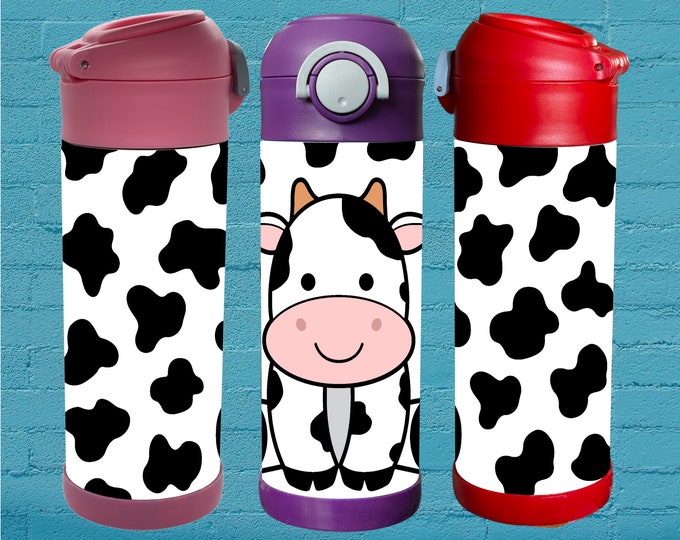 Cute Cow 12oz Flip Top Insulated Kids Bottle. Perfect for School, Camp, & Activities