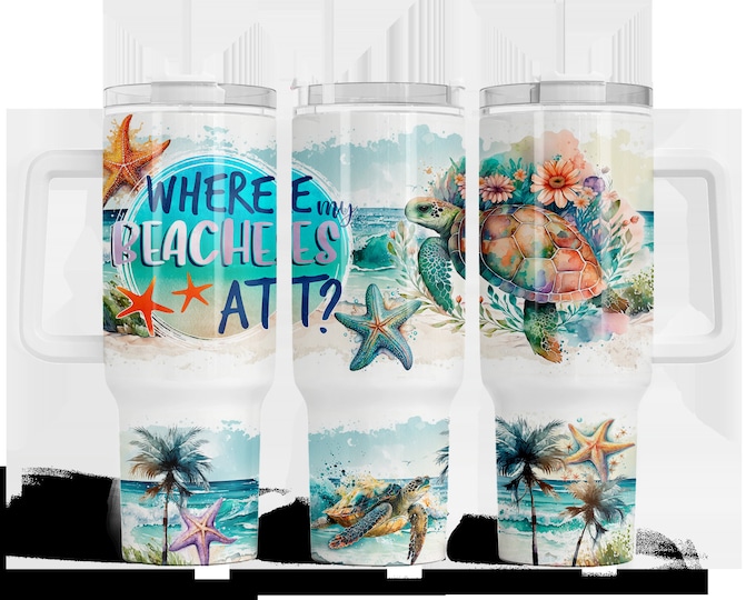 Where My Beaches At? Sea Turtle 40oz Tumbler with choice of handle/lid color!