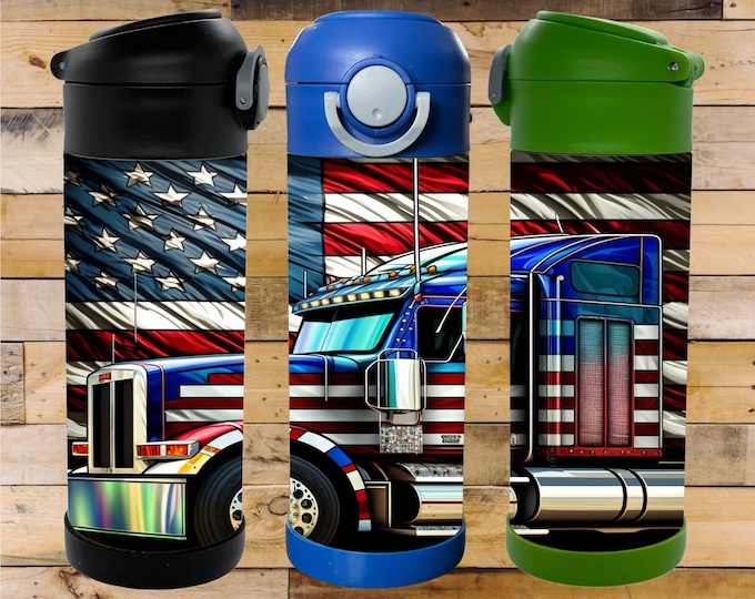 Big Rig Truck with American Flag 12oz Flip Top Insulated Kids Bottle. Perfect for School, Camp, & Activities