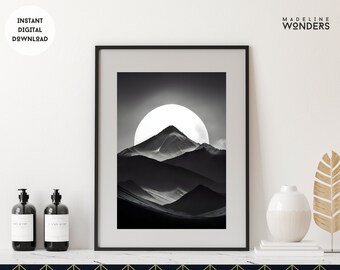 Sunset Mountain Art, Mountain Sunset Wall Art, Mountains Wall Art, Black and White Mountain Illustration Art, Mountain Digital Art Print