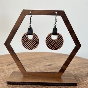Wood engraved circle earrings with leather tab, multiple varieties available