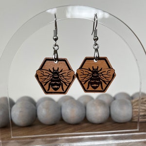 Wooden bee dangle earrings