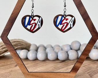 Wooden hand painted USA dangle earrings