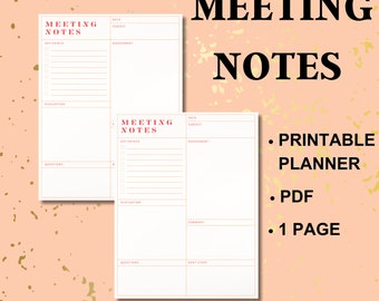May include: Printable meeting notes planner template. The template has sections for date, subject, key points, assessment, evaluation, questions, summary, and next steps. The template is one page long and is in a minimalist style with a white background and red and gold accents.
