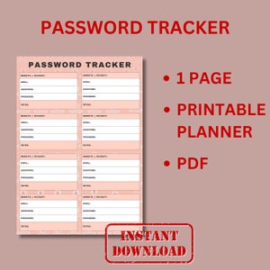 Password Tracker Printable, Password Keeper, Password Organizer, Instant Download, Planner templates,