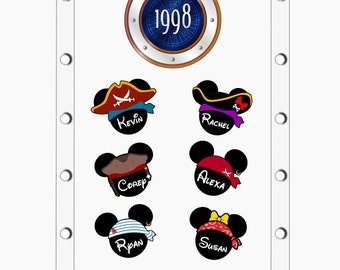 May include: A white background with a blue and silver porthole with the year 1998 in the center. Six black and white Mickey Mouse heads with different colored pirate hats and names below each head: Kevin, Rachel, Corey, Alexa, Ryan, and Susan.
