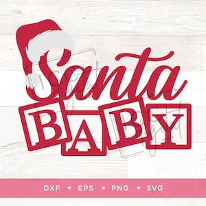 May include: Red and white Santa hat with the word "Santa" in red cursive lettering and the word "Baby" spelled out in red block letters.