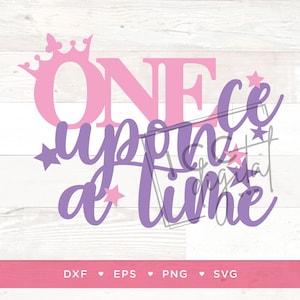 May include: Purple and pink digital design with a crown, the word "ONE" and the text "once upon a time" with stars.