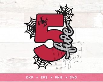 Spider Theme 5th Birthday Digital File, Spider-Man Cake Topper, 5th Birthday, Spider Theme TShirt, Sublimation, Vector, Download, SVG, Five