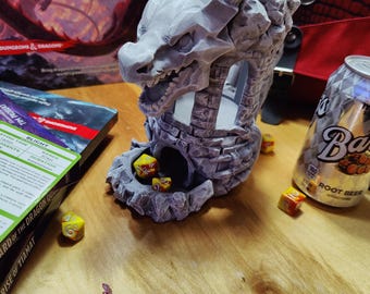 Dragon dice tower drink holder SET of dice INCLUDED Dnd gift 3d printed d20 Dice tower and Can Holder Dungeon master gift Nerd Gamer Gift