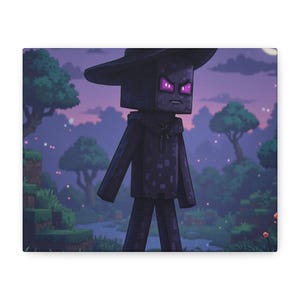 May include: A canvas print featuring a Minecraft Enderman character wearing a black hat and hoodie, set against a purple and green forest backdrop. The Enderman has glowing purple eyes and an angry expression.