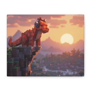May include: A canvas print featuring a pixelated orange dinosaur wearing headphones, perched on a stone cliff. The background shows a sunset with mountains and a distant landscape, creating a vibrant and imaginative scene.