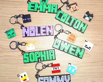 Pixel style Custom Name Keychain*CHOOSE your own CHARM!* 3D Printed Custom tag Personalized Keyring Unique gift-for-gamers