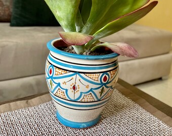 MOROCCAN FLOWER POT (blue/yellow) - Ceramic planter; Safi, African, Berber, Handpainted, Garden, Succulent, Plant