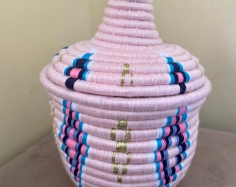 MOROCCAN BASKET (pink) - Handwoven from wool and straw; African, Berber, Storage, Boho