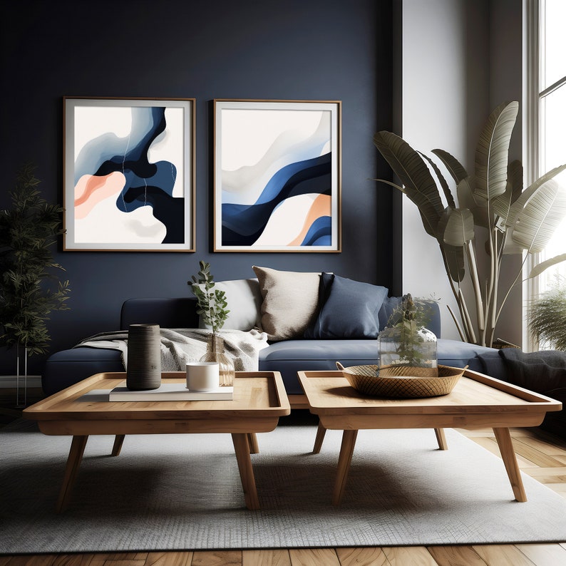 Navy Blue Art Wall Prints, White Art Deco Prints, Abstract Art Prints